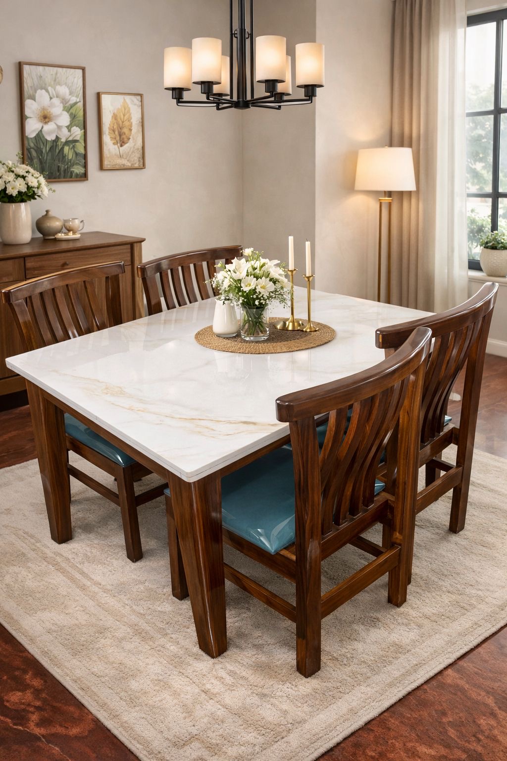 Heritage Oak 4-Seater Marble Top Dining Set