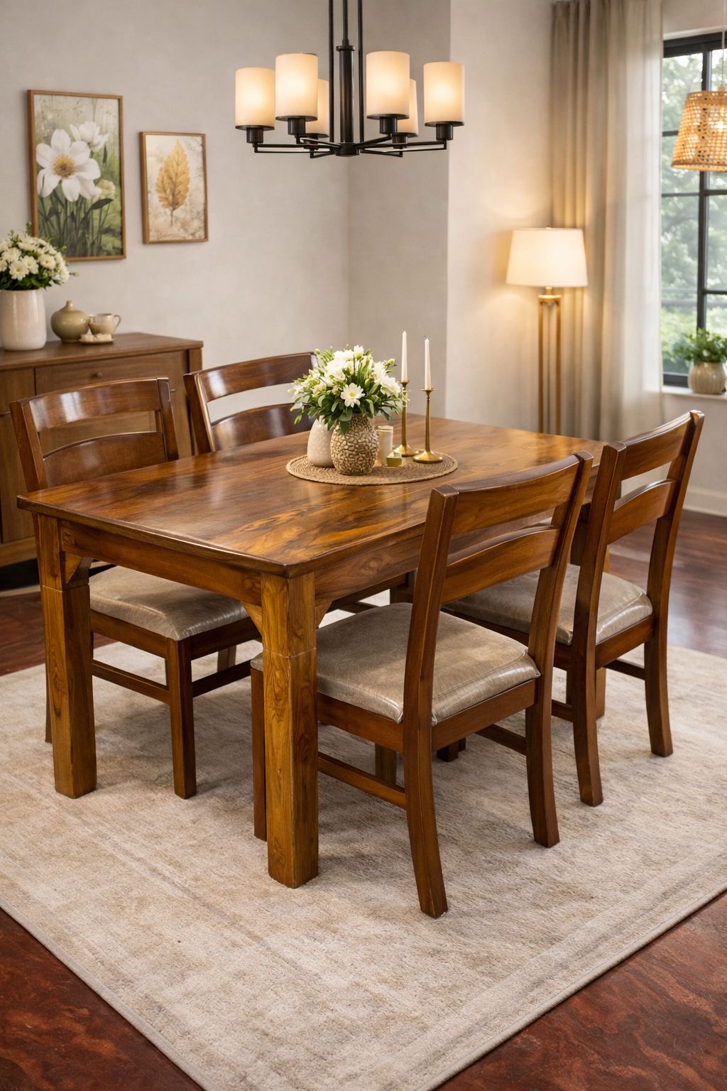 Classic Walnut 4-Seater Solid Wood Dining Set