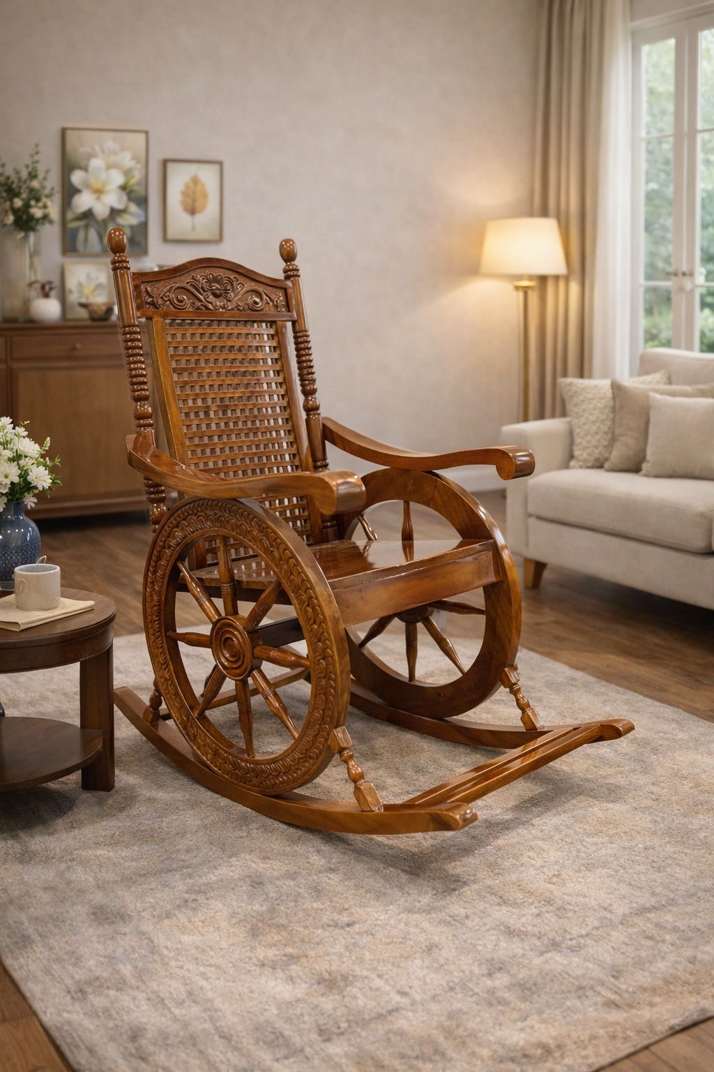 Carved wooden rocking chair with wheel‑shaped backrest and cane (rattan) seat panel.