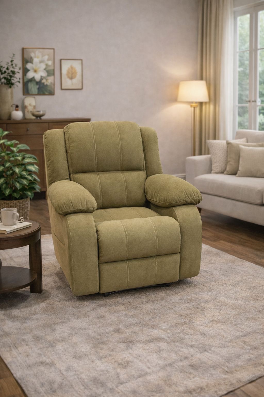 green (olive‑green) recliner chair (also called a reclining armchair).
