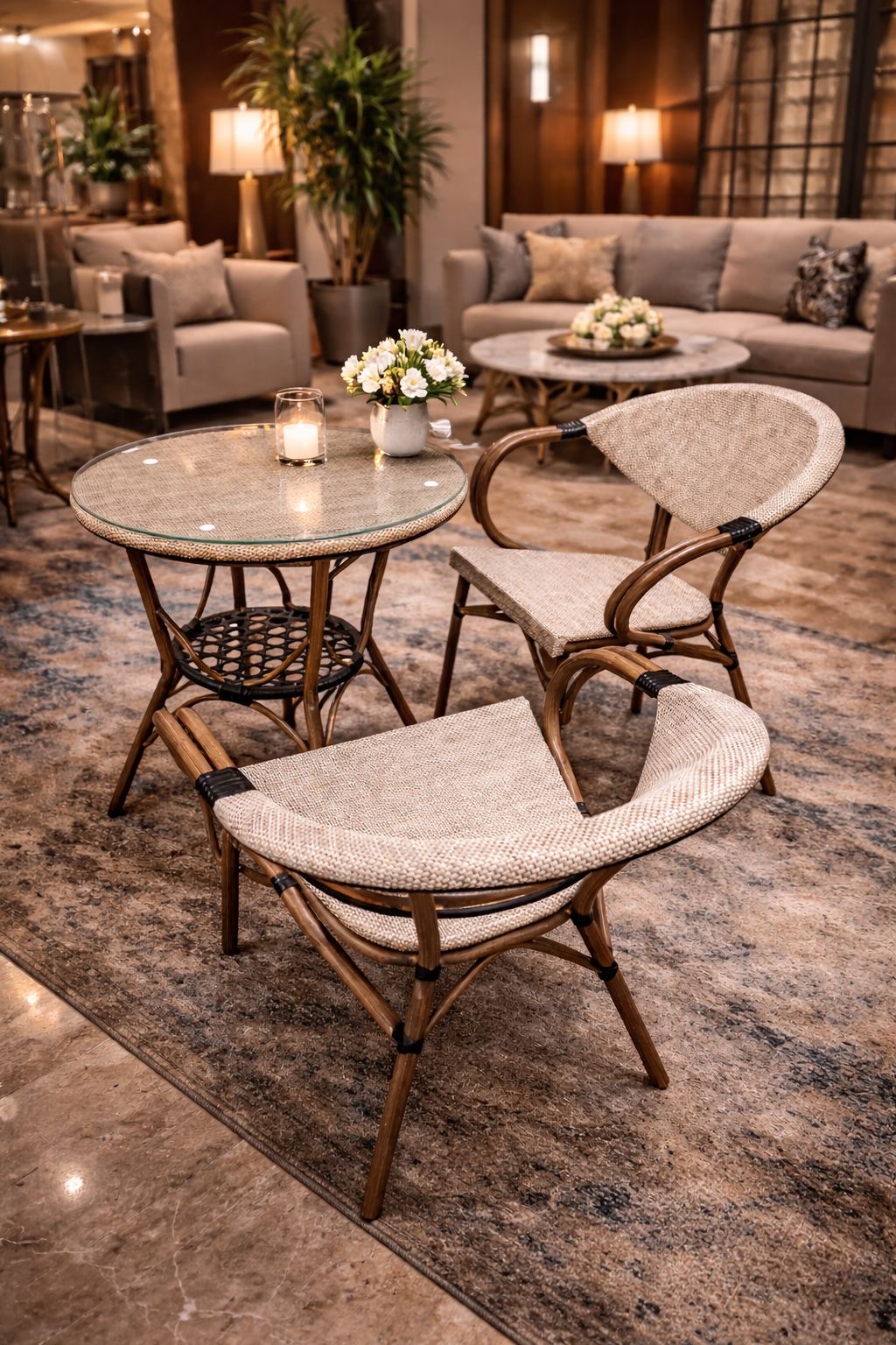 bamboo rattan armchair with woven fabric seat & backrest.