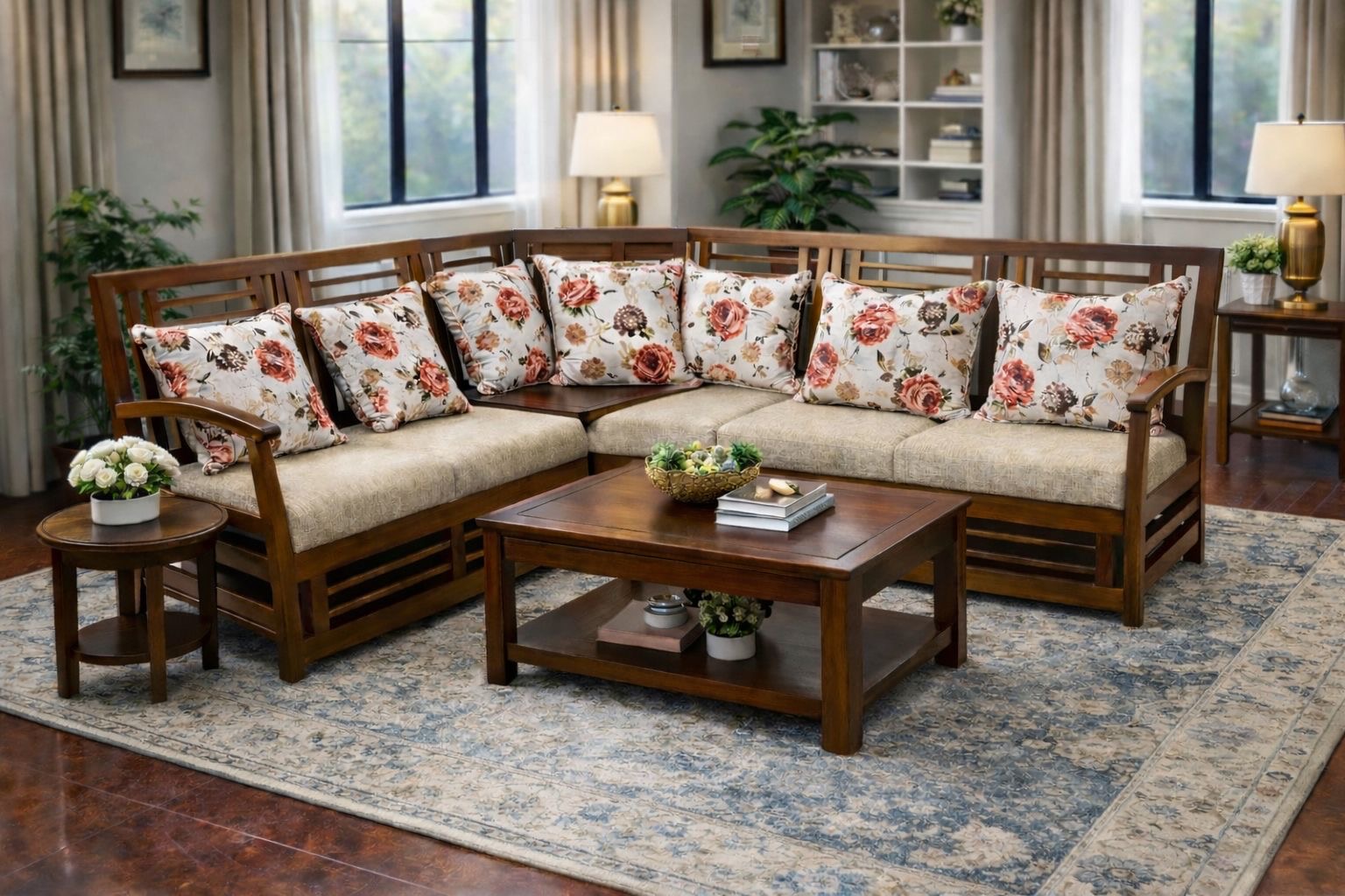 L corner beige cushions