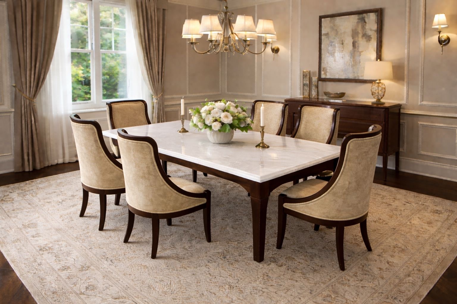 dark wood with a white marble top, rectangular shape.