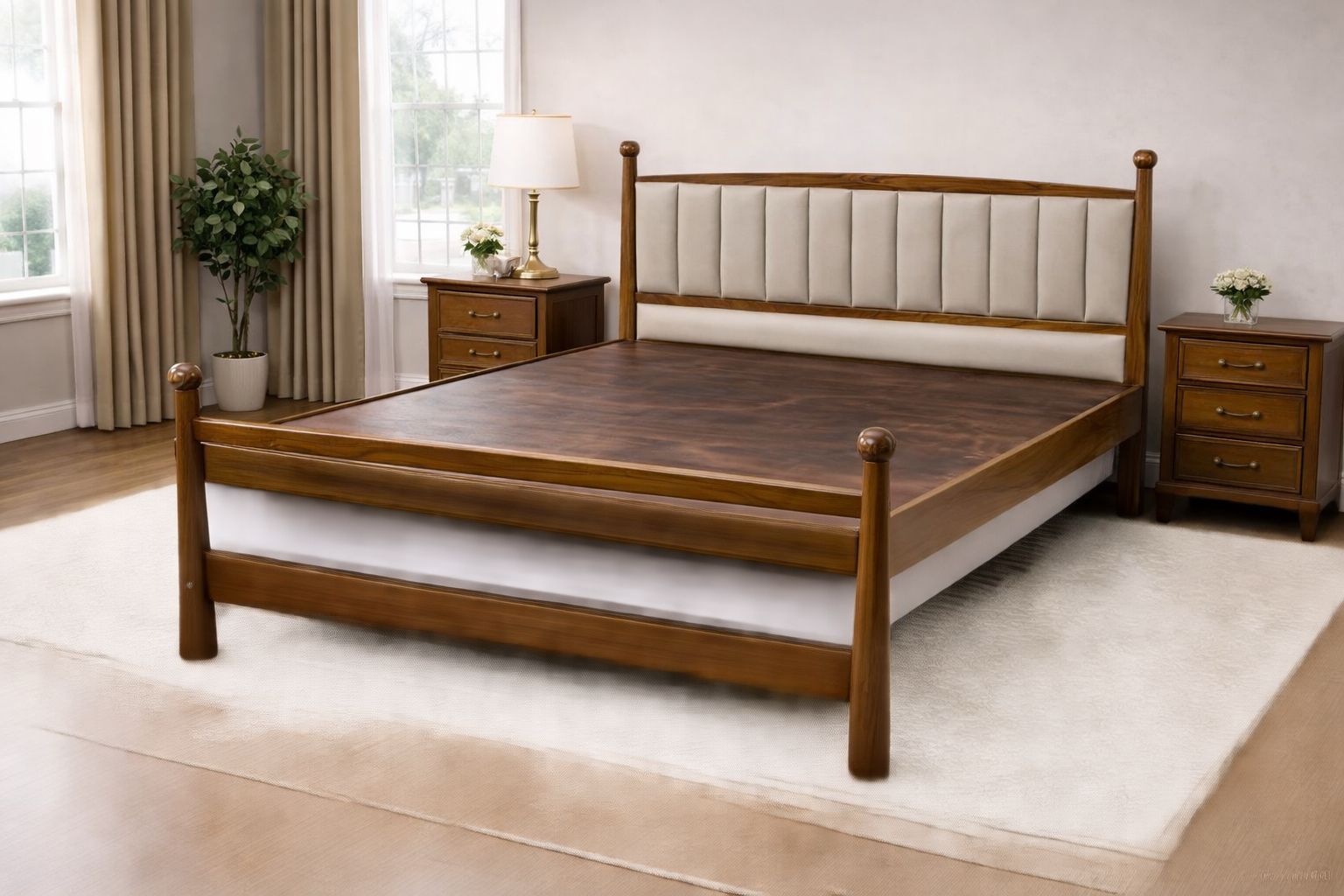 wooden panel bed with an upholstered headboard.