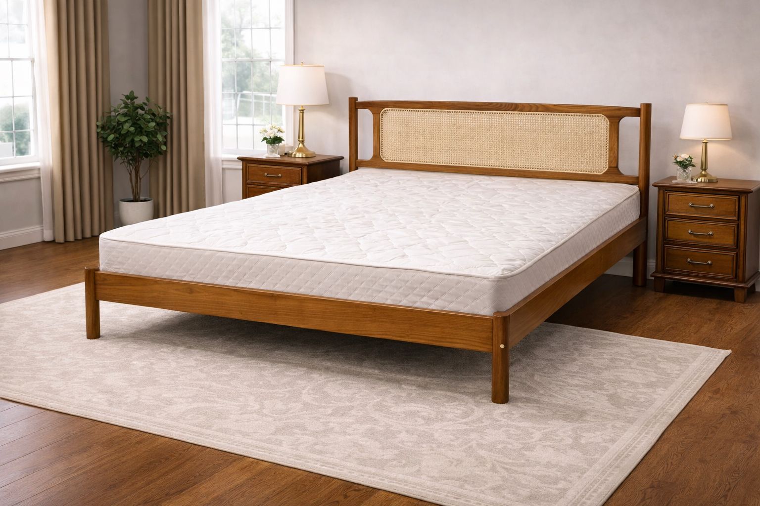 wooden cane-back bed frame with a white quilted mattress.