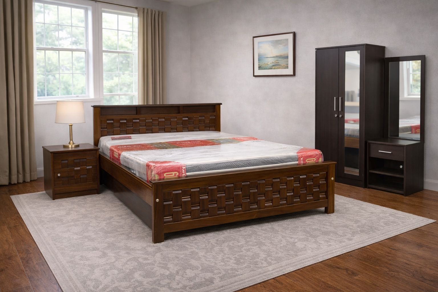 Wooden queen size bed with headboard and footboard