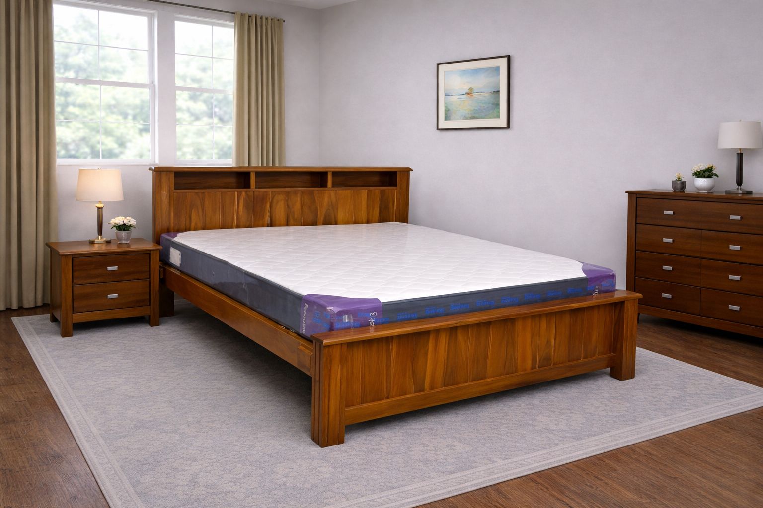 Queen Anne–style wooden platform bed with a headboard that has built‑in shelving compartments.