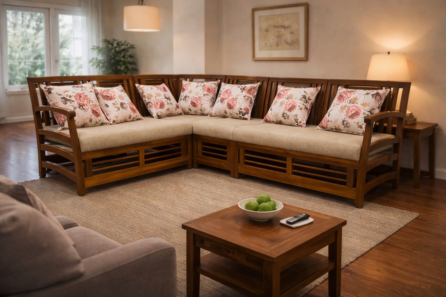 wooden corner sectional sofa with cream cushions.