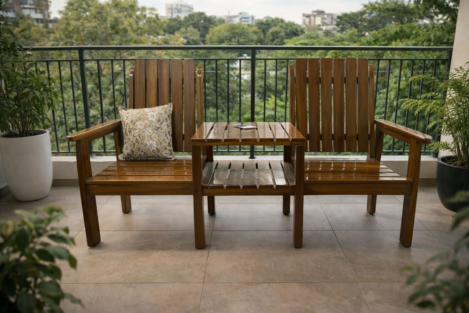 two wooden slat chairs