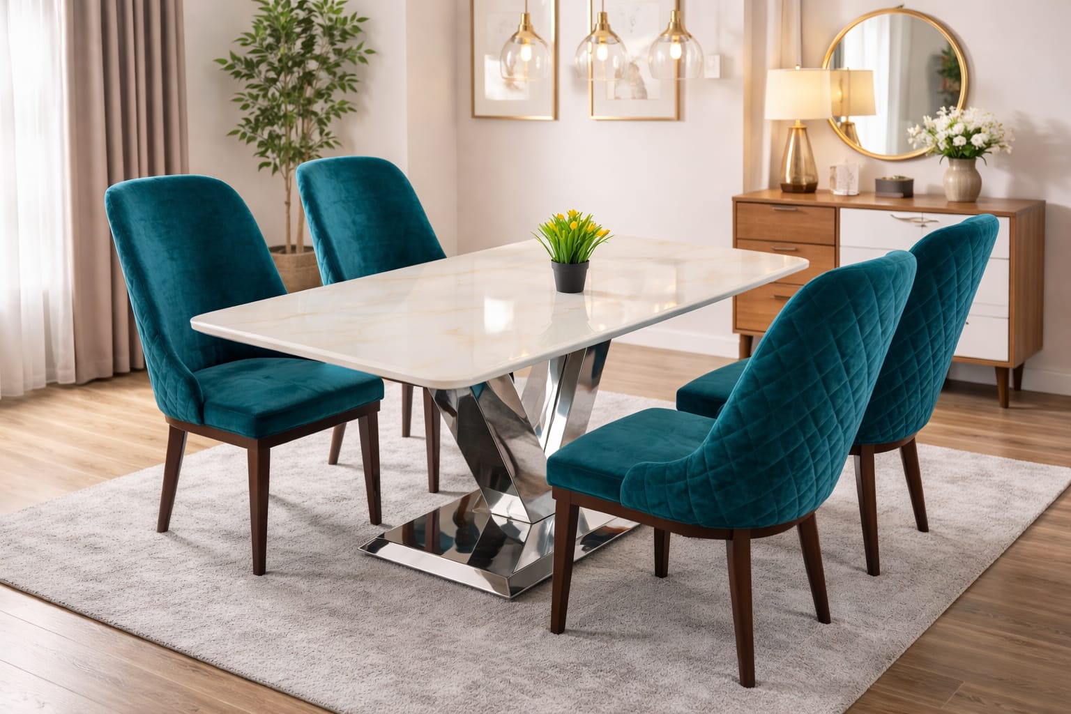 teal upholstered chairs with dark wooden legs.