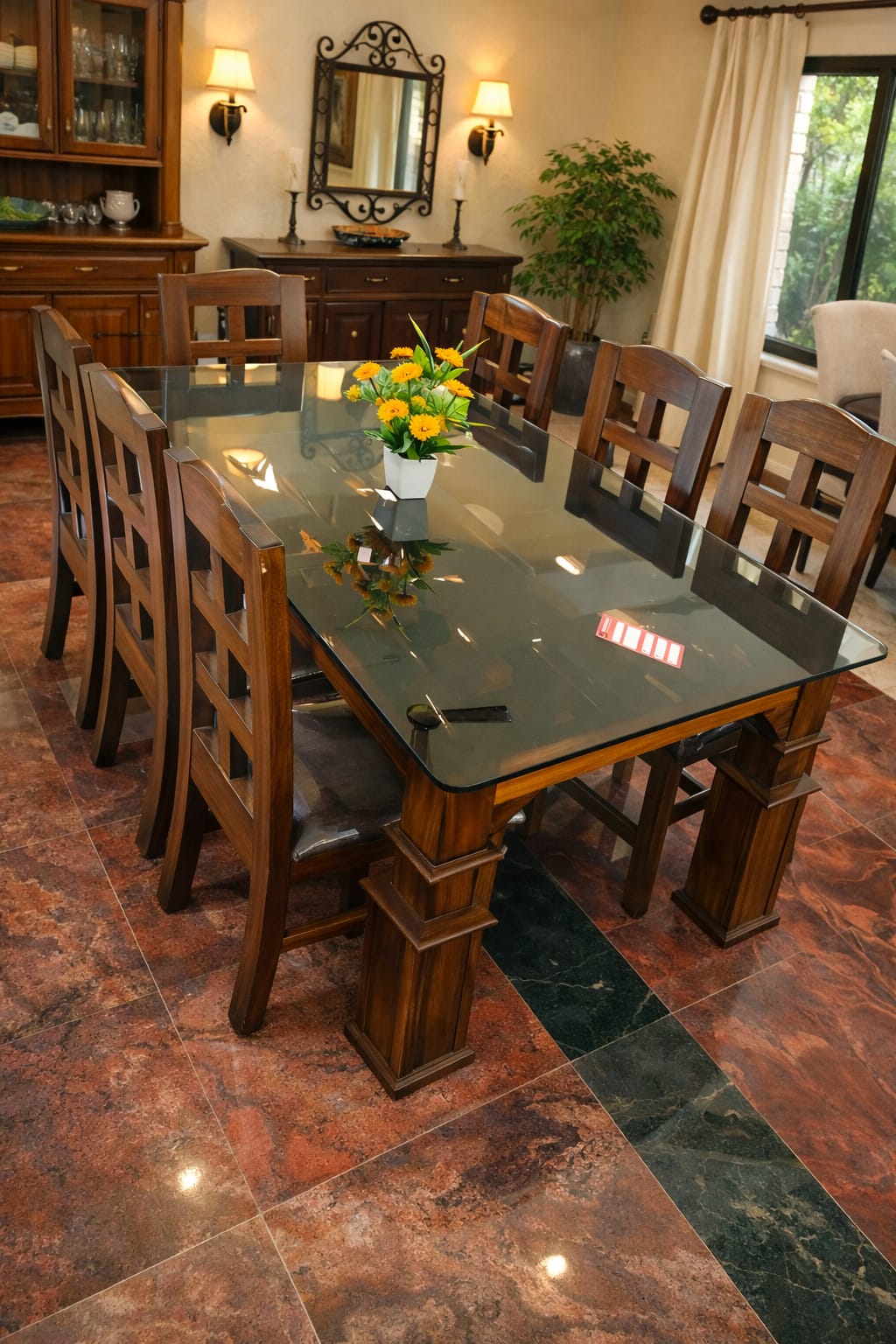 6 SEATER GLASS TOP TABLE WITH GREY CHAIRS