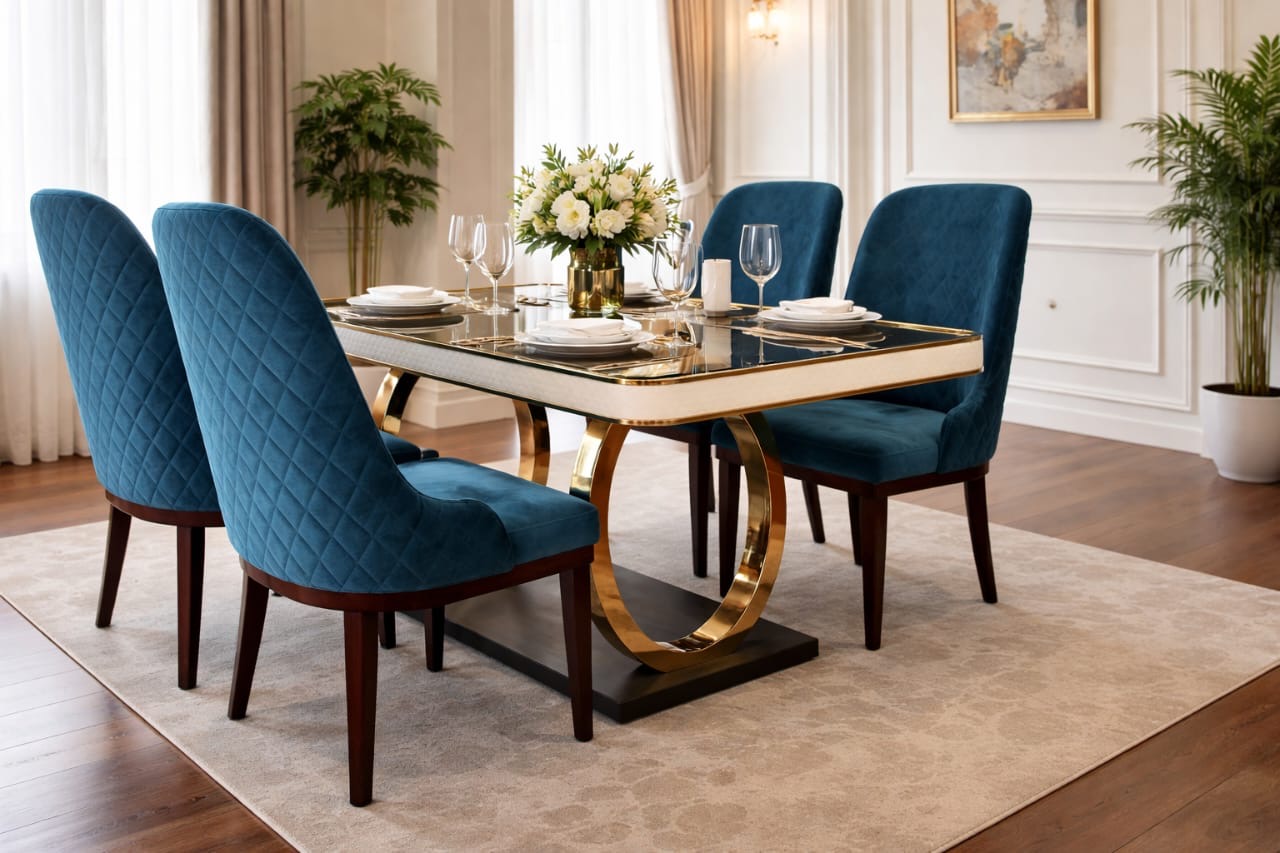 GLASS TOP DINING AND TEAL COLOUR SEATS