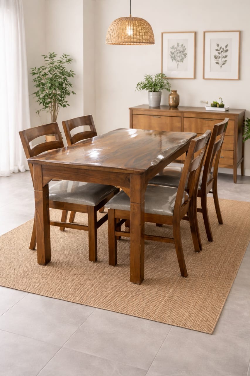 RECTANGULAR WOODEN TABLE WITH 4 SEATER CHAIRS